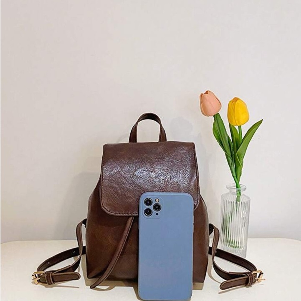 Mini Brown Flap Backpack Vintage Drawstring Design - image 3